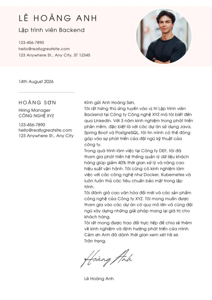 Mẫu 1 Cover letter dành cho người đi làm đã có kinh nghiệm