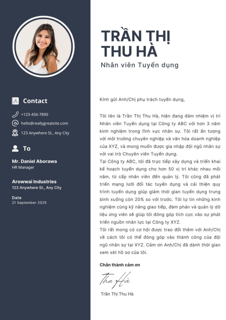 Mẫu 2 Cover letter dành cho người đi làm có kinh nghiệm