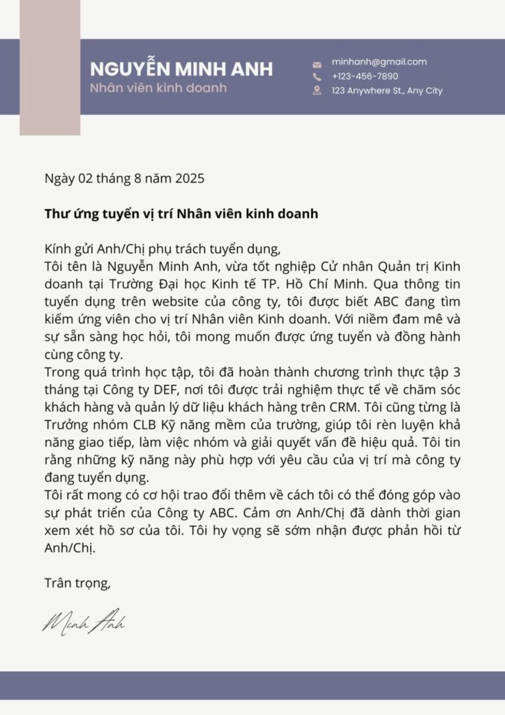 Mẫu Cover letter dành cho sinh viên mới ra trường hoặc ít kinh nghiệm: 