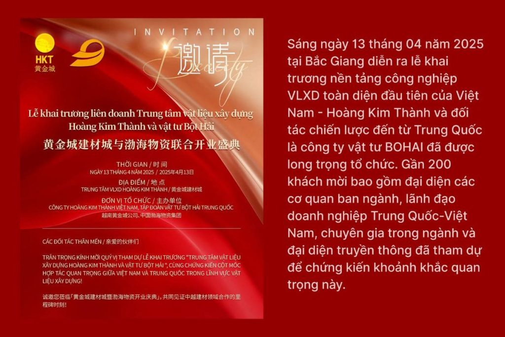 Sáng ngày 13 tháng 04 năm 2025 tại Bắc Giang diễn ra lễ khai trương nền tảng công nghiệp VLXD toàn diện đầu tiên của Việt Nam - Hoàng Kim Thành